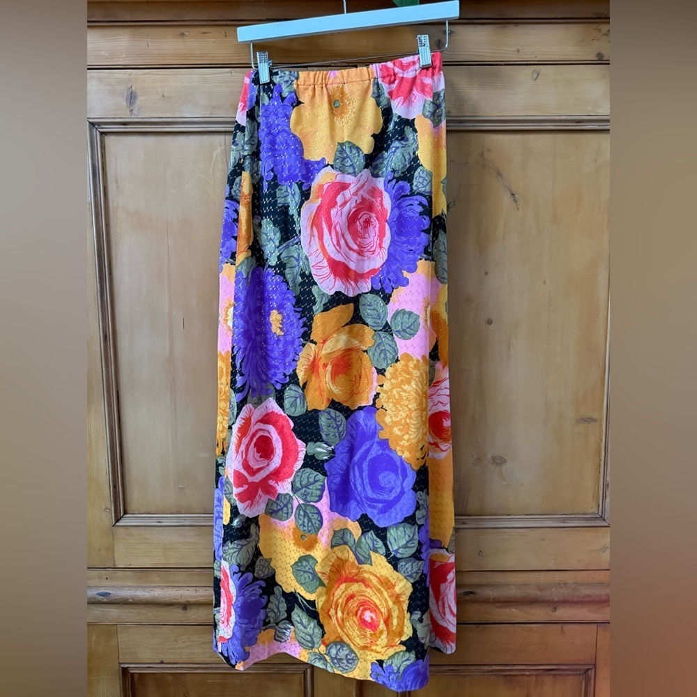 Vintage Floral 70s long Skirt pink purple and orange stretch with tie waist - Picture 5 of 8